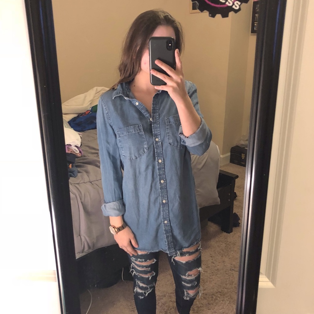 women’s blue button up
